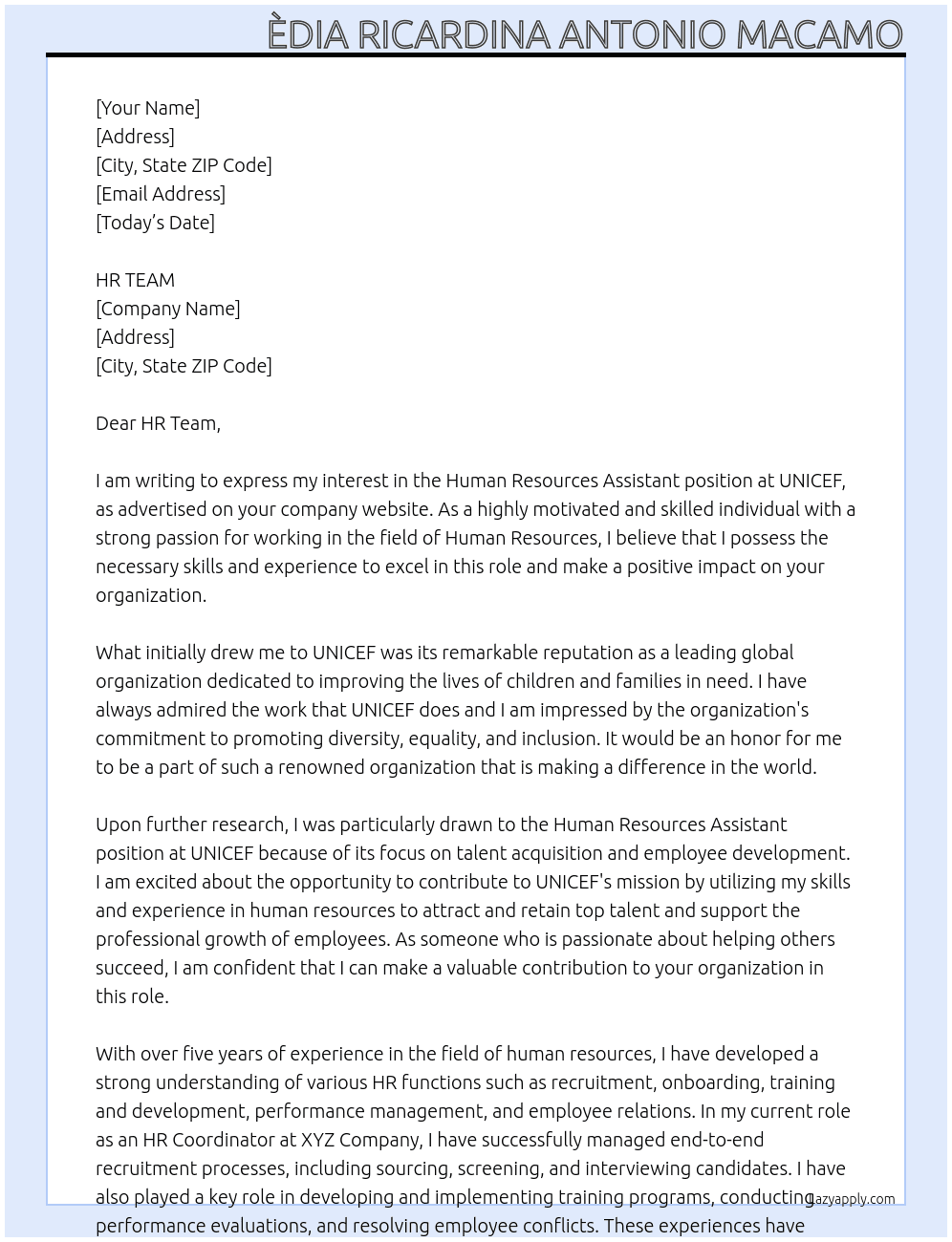 Human Resources Assistant At UNICEF Cover Letter