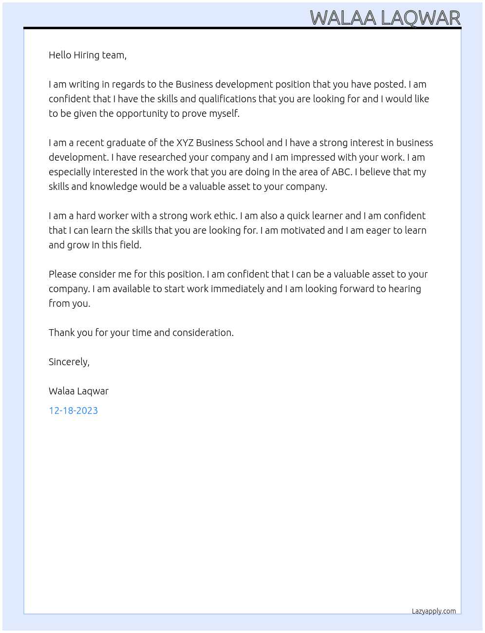 Business development fresh graduate  At  MAZ NEXA Cover Letter