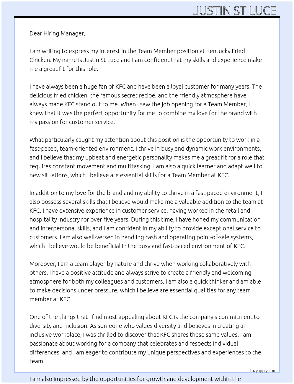Team member  At Kentucky fried chicken  Cover Letter