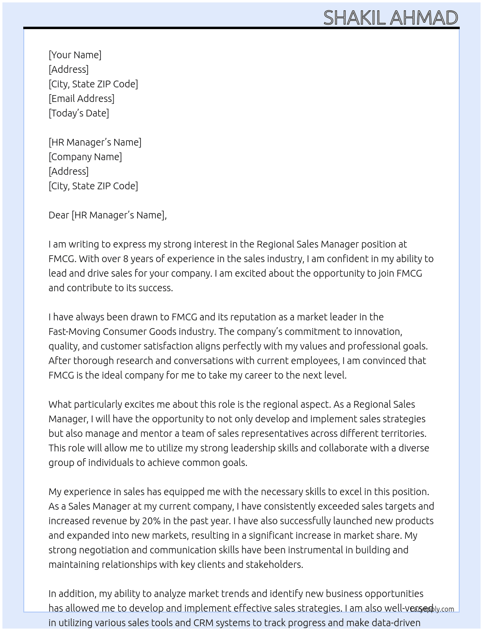 regional sales manager At FMCG Cover Letter