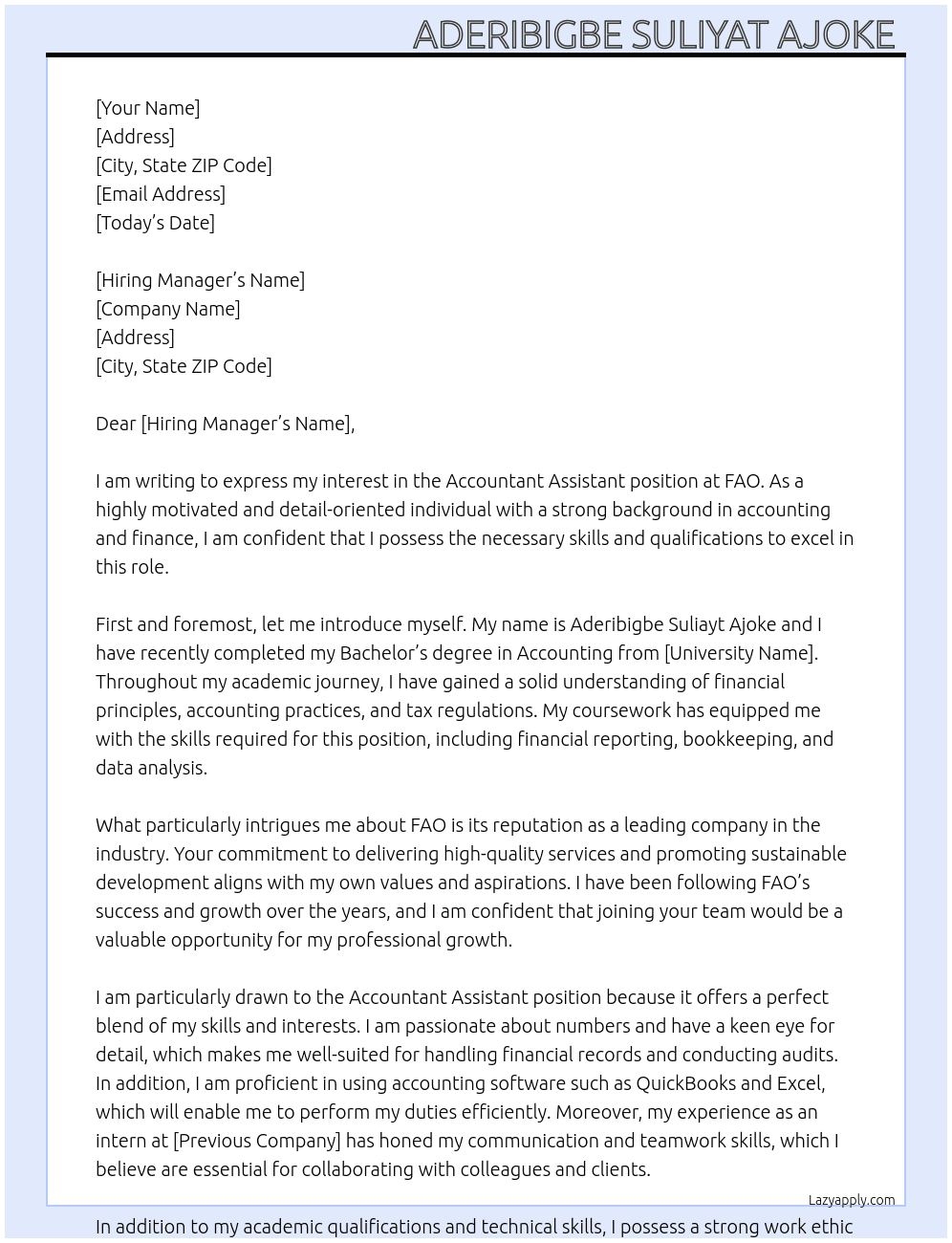 Accountant Assistant  At Fao Cover Letter