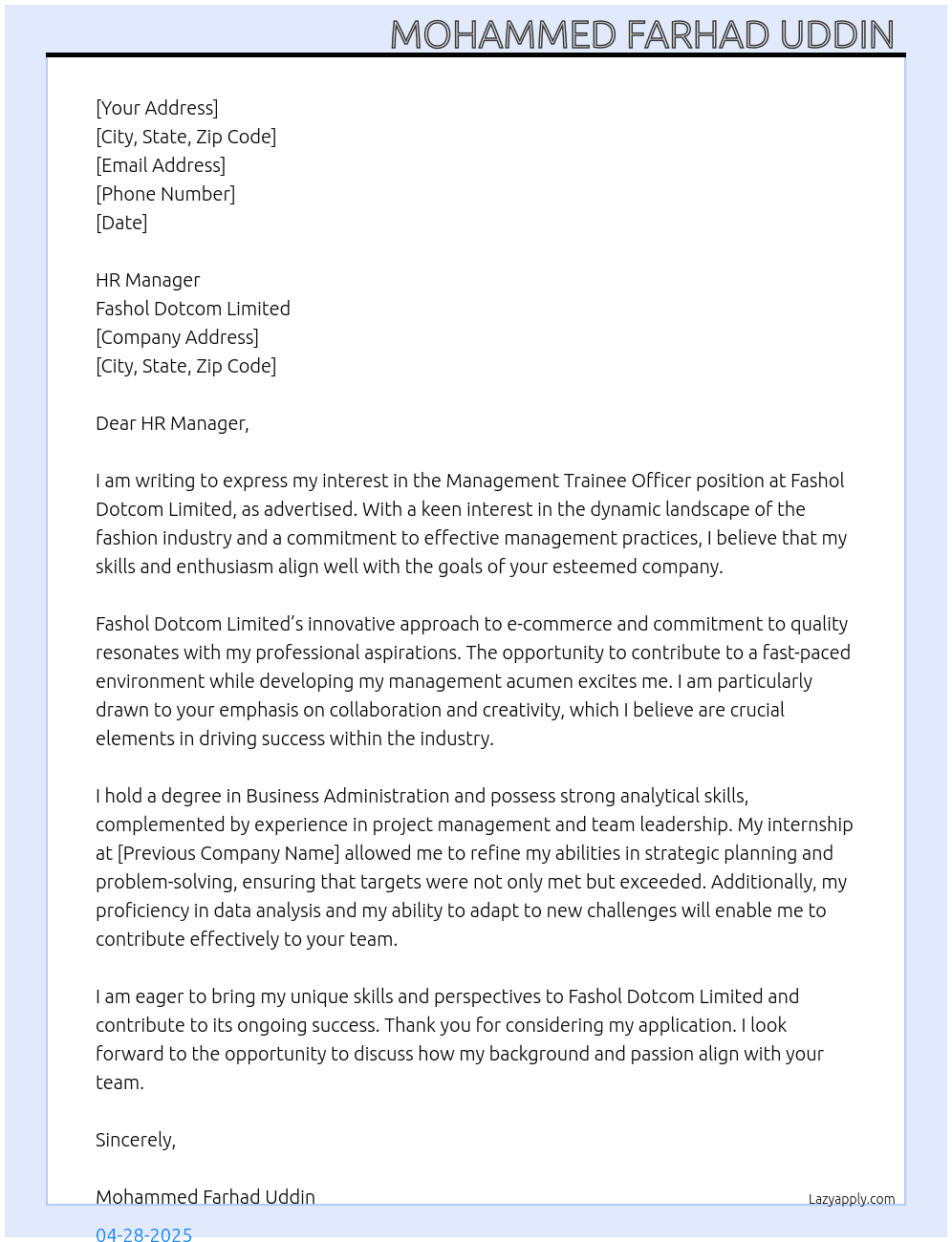 Management Trainee Officer At Fashol Dotcom Limited  Cover Letter