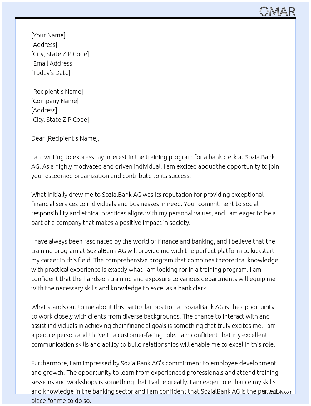 Training to become a bank clerk (m/f/d) At SozialBank AG Cover Letter