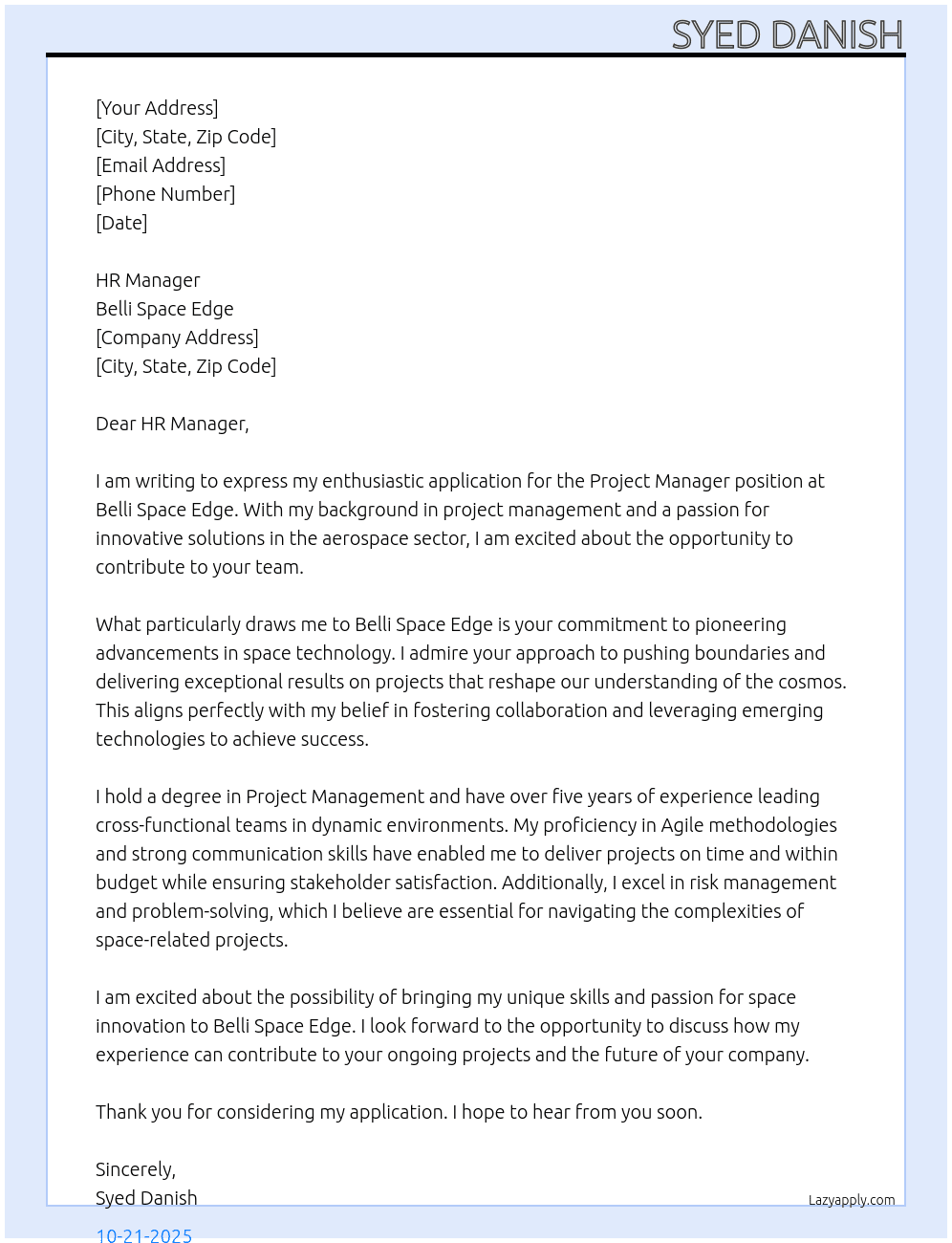 Project Manager At Belli Space Edge Cover Letter