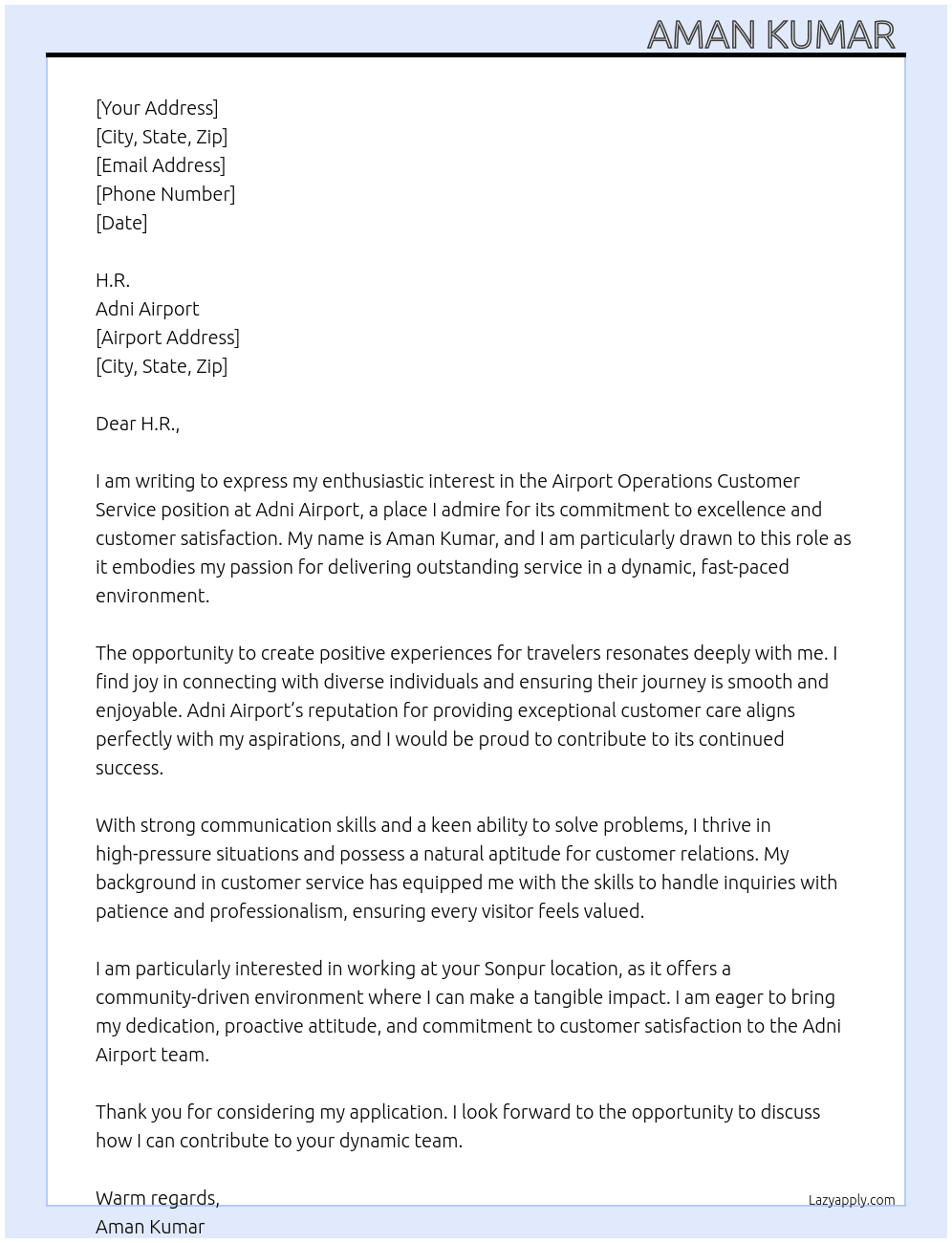 Airport operation castmar service  At Adni airport  Cover Letter