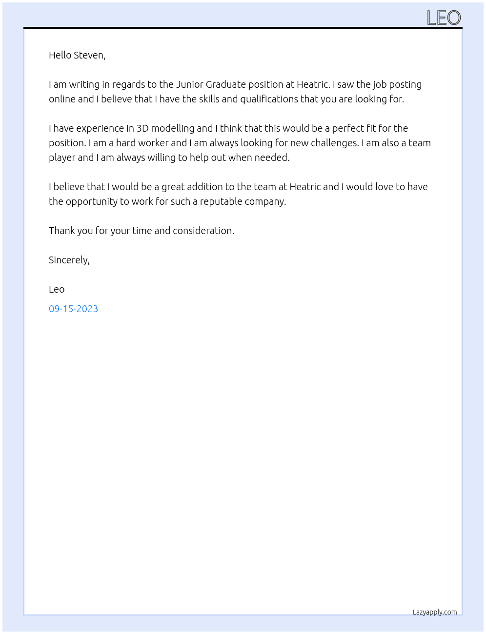 Junior Graduate At Heatric Cover Letter