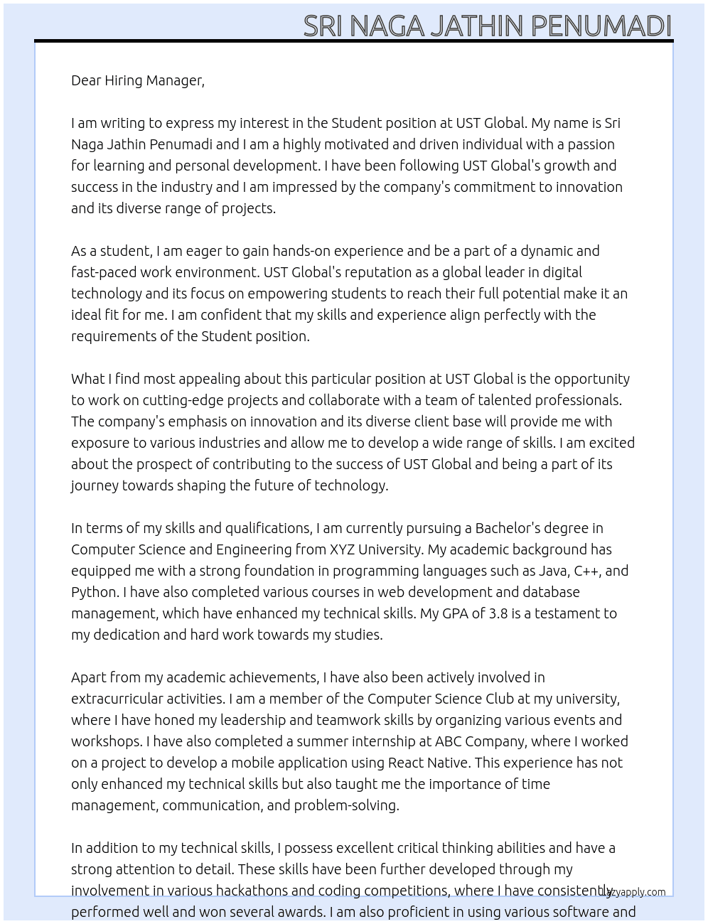 Student At UST Global Cover Letter