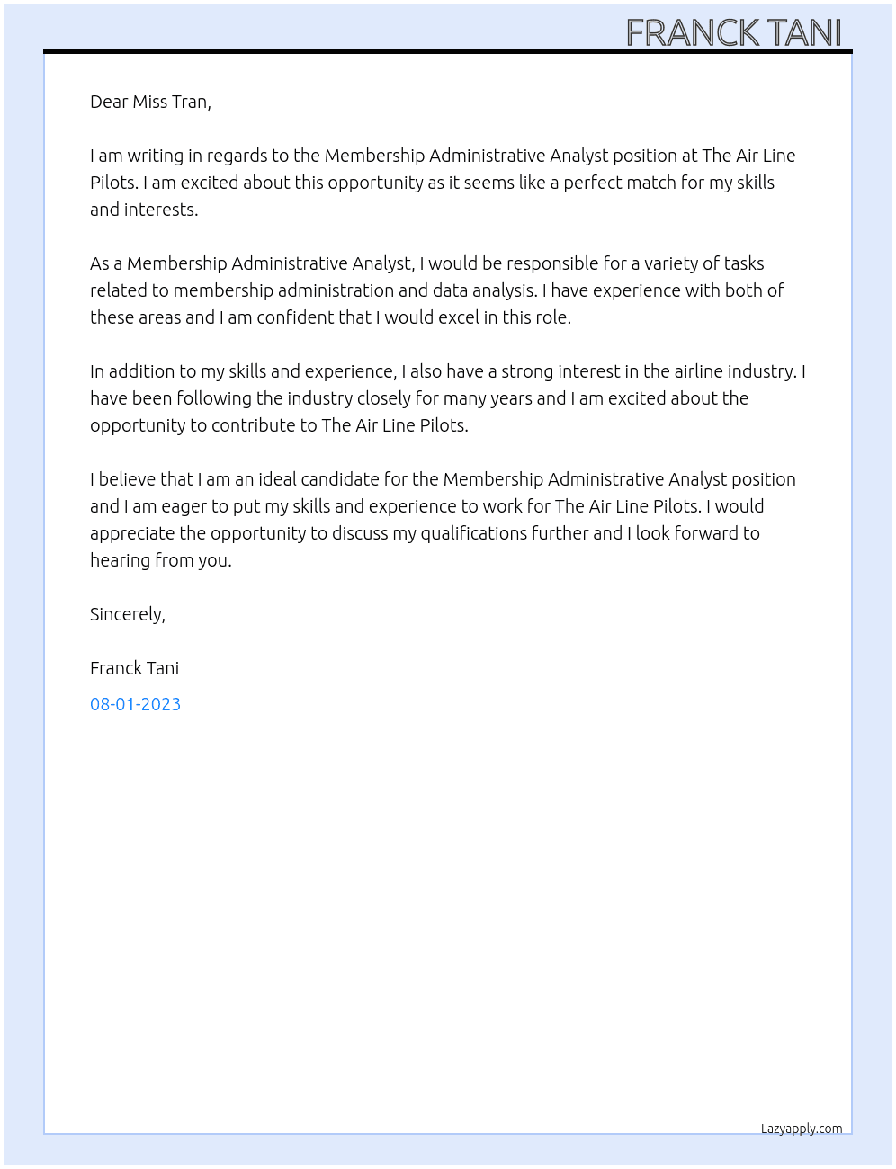 Membership Administrative Analyst  At The Air Line Pilots  Cover Letter
