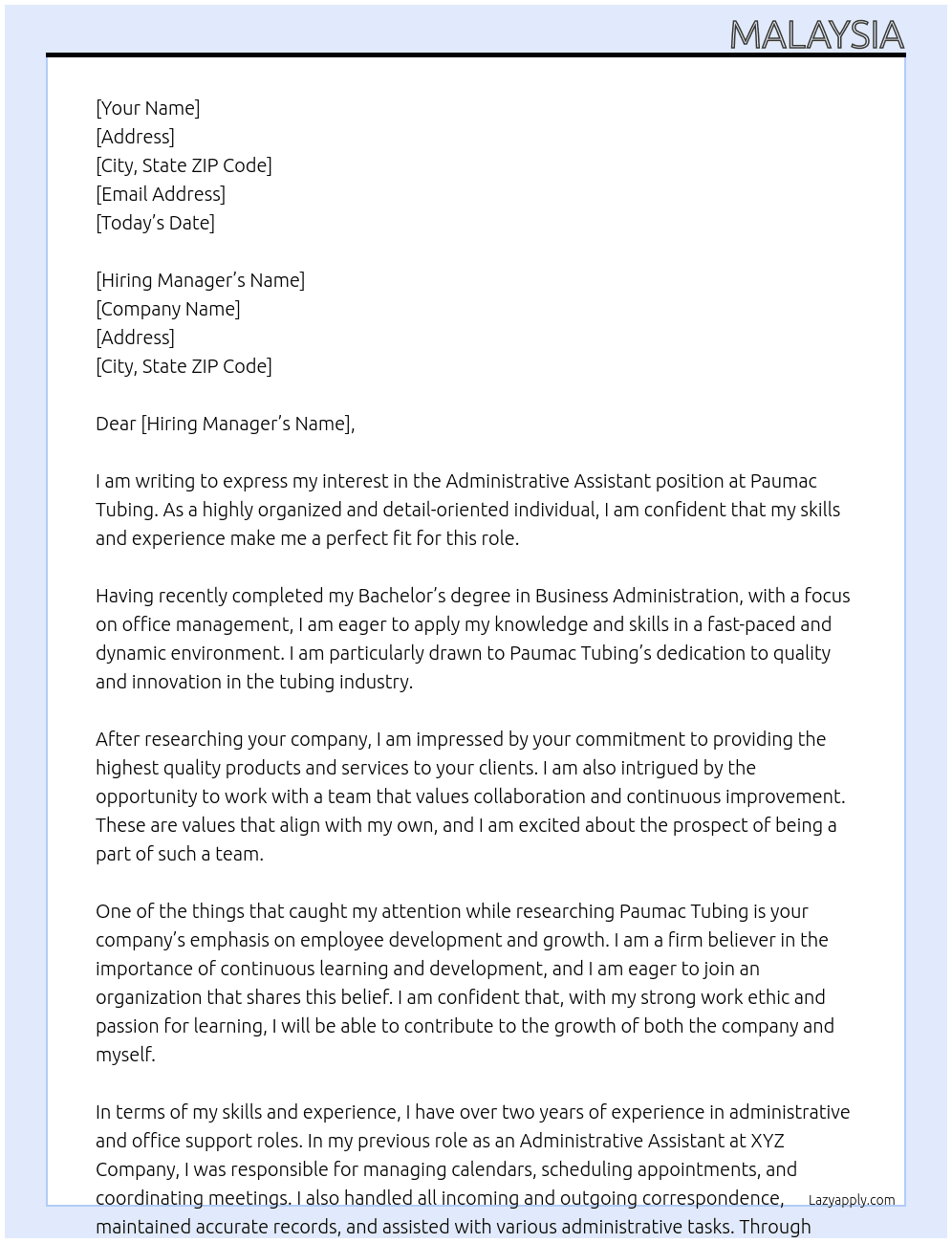 administrative assistant  At paumac tubing Cover Letter