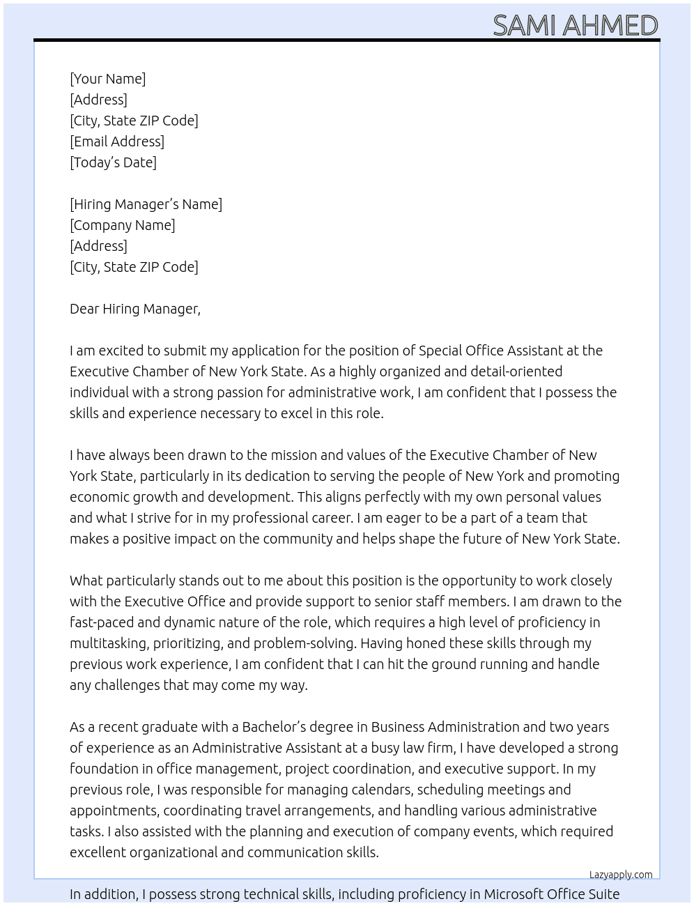 Special Office Assistant At Executive Chamber of New York State Cover Letter