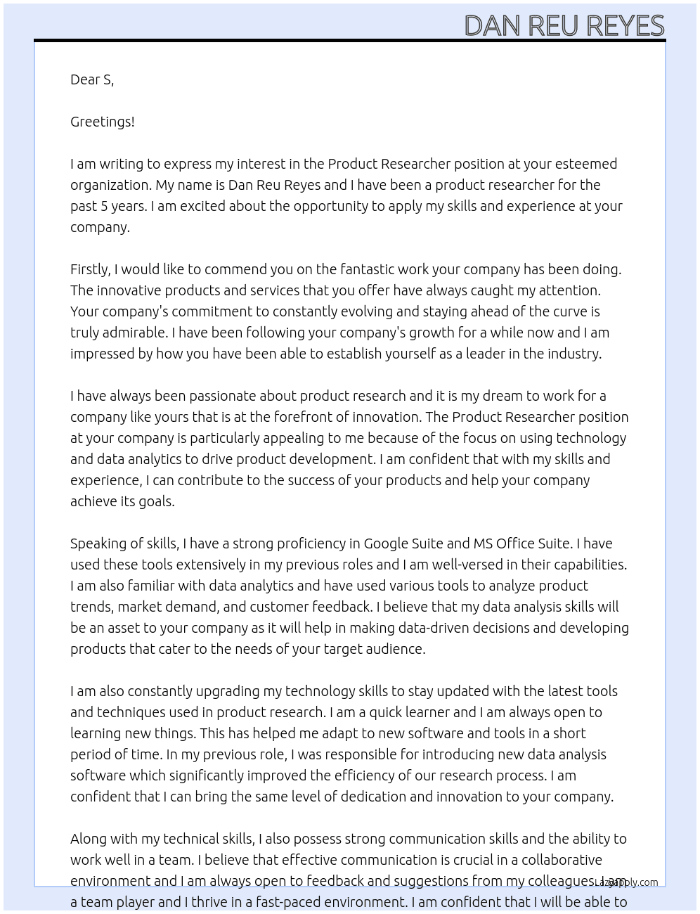 Product Researcher At s Cover Letter