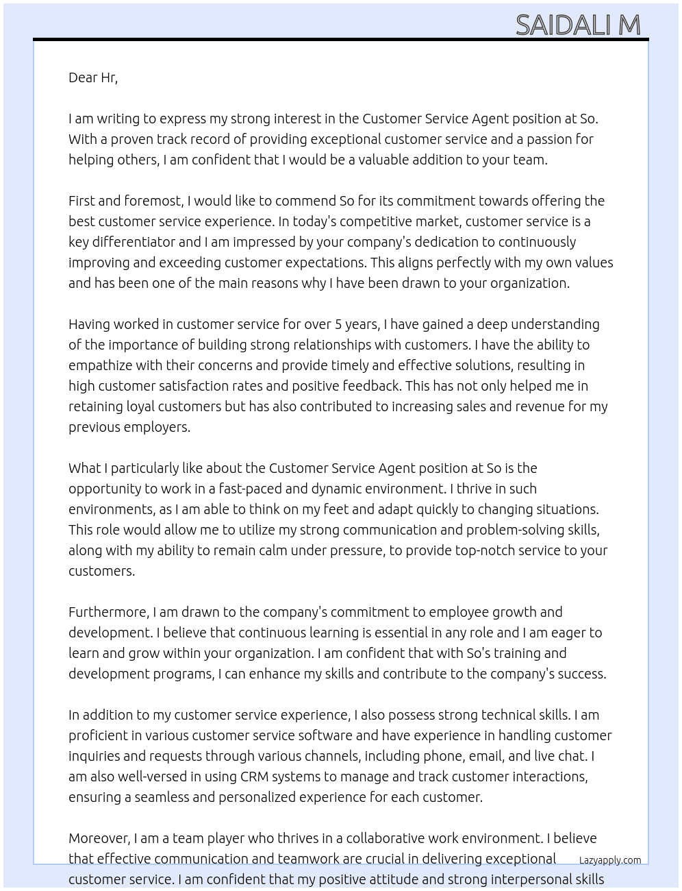 Customer Service agent  At So Cover Letter