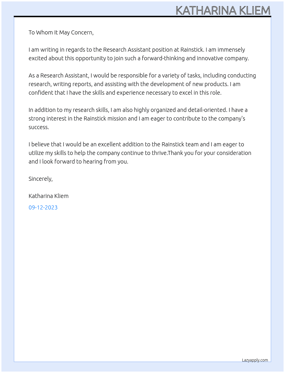 Research assistant  At Rainstick Cover Letter