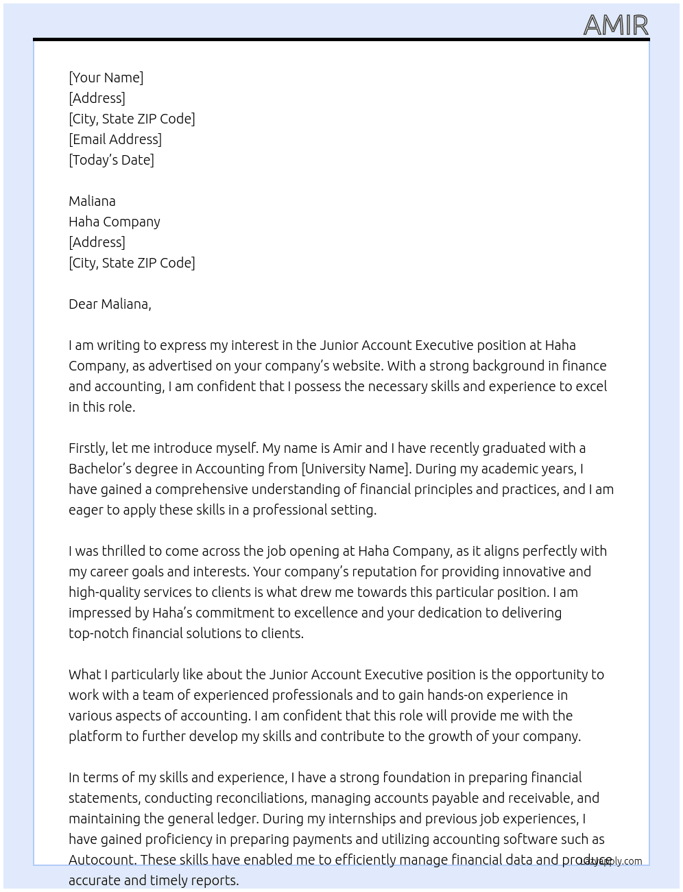 Junior account executive At Haha Cover Letter