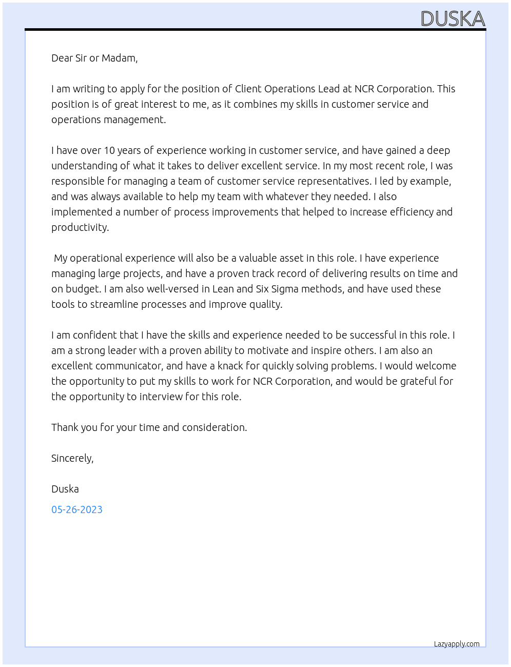 Client Operations Lead At NCR Corporation Cover Letter
