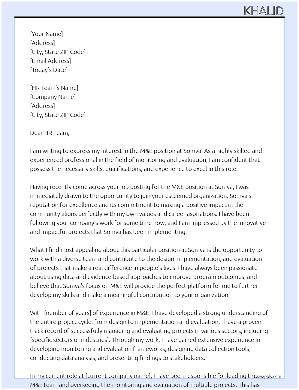 m&e At Somva Cover Letter
