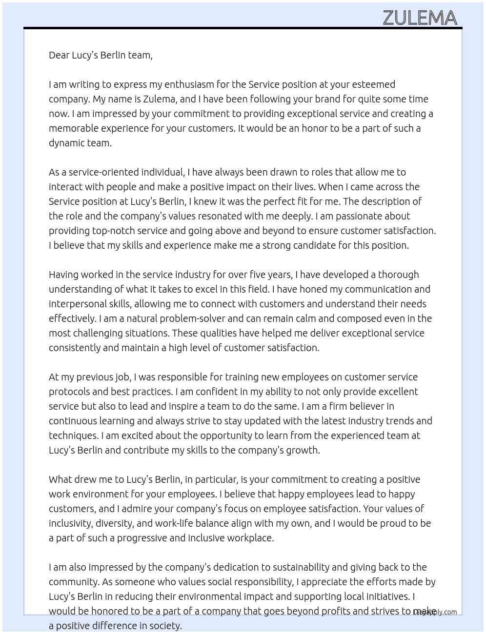 Service  At Lucy's Berlin Cover Letter