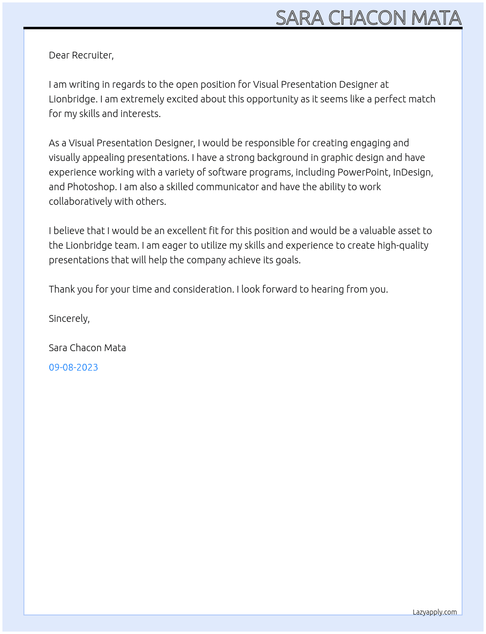 Visual Presentation Designer At Lionbridge Cover Letter
