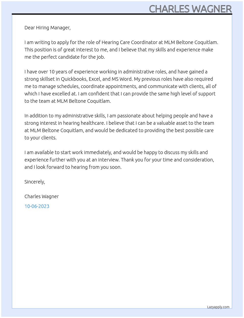 Hearing Care Coordinator At MLM Beltone Coquitlam Cover Letter