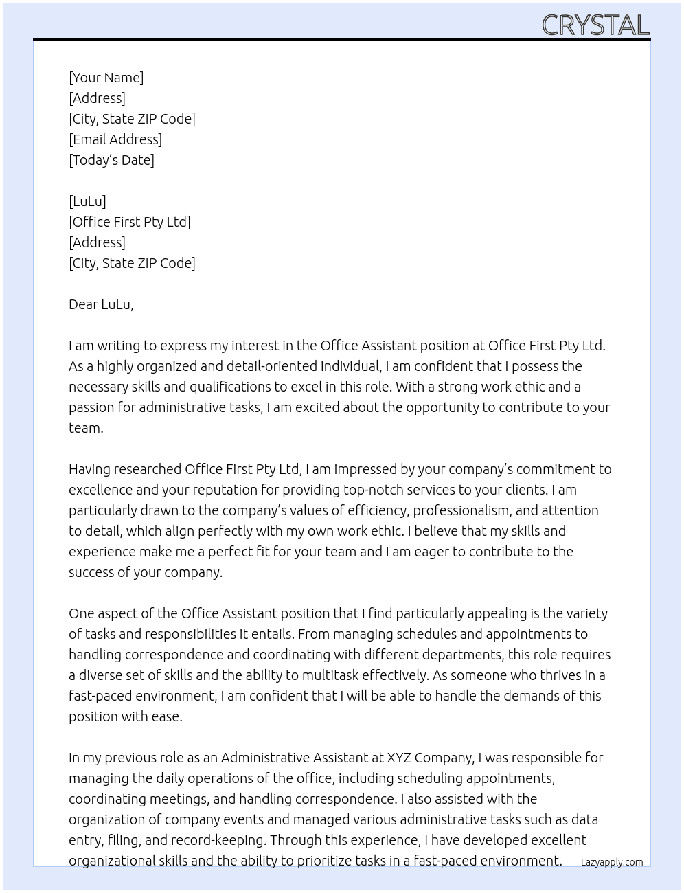 Office assistant  At Office First Pty Ltd Cover Letter