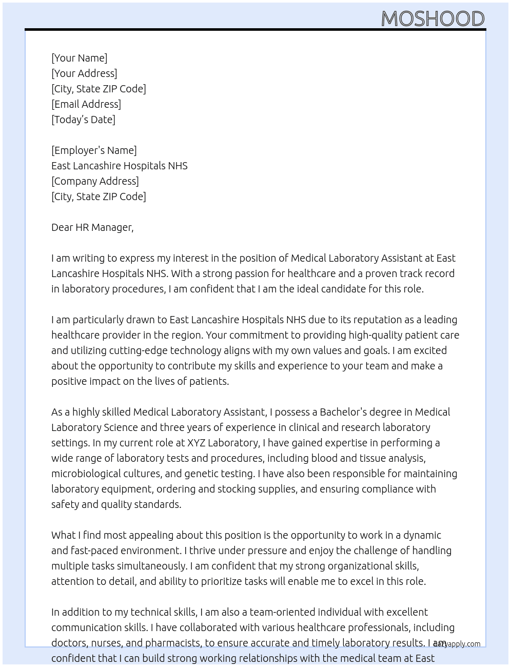 medical laboratory assistant  At  East Lancashire Hospitals NHS Cover Letter