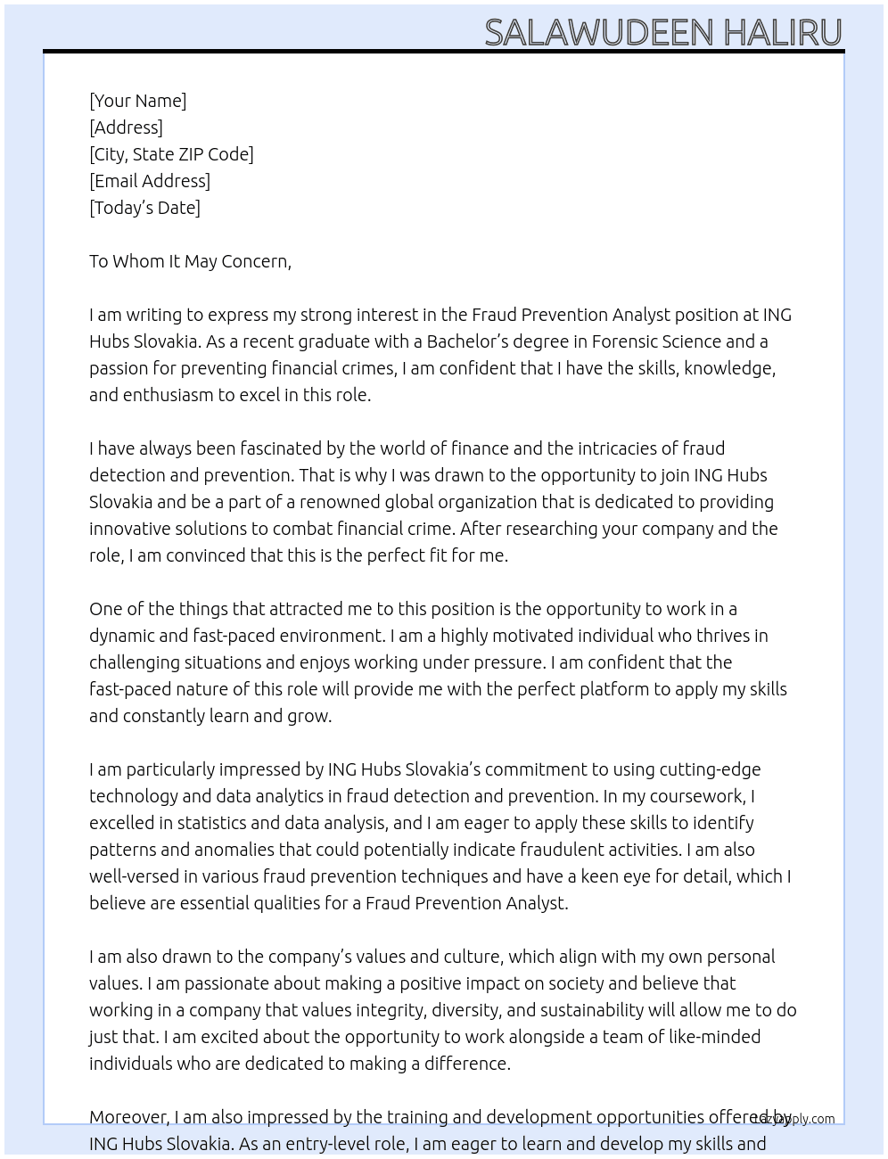 Fraud Prevention Analyst At ING Hubs Slovakia Cover Letter