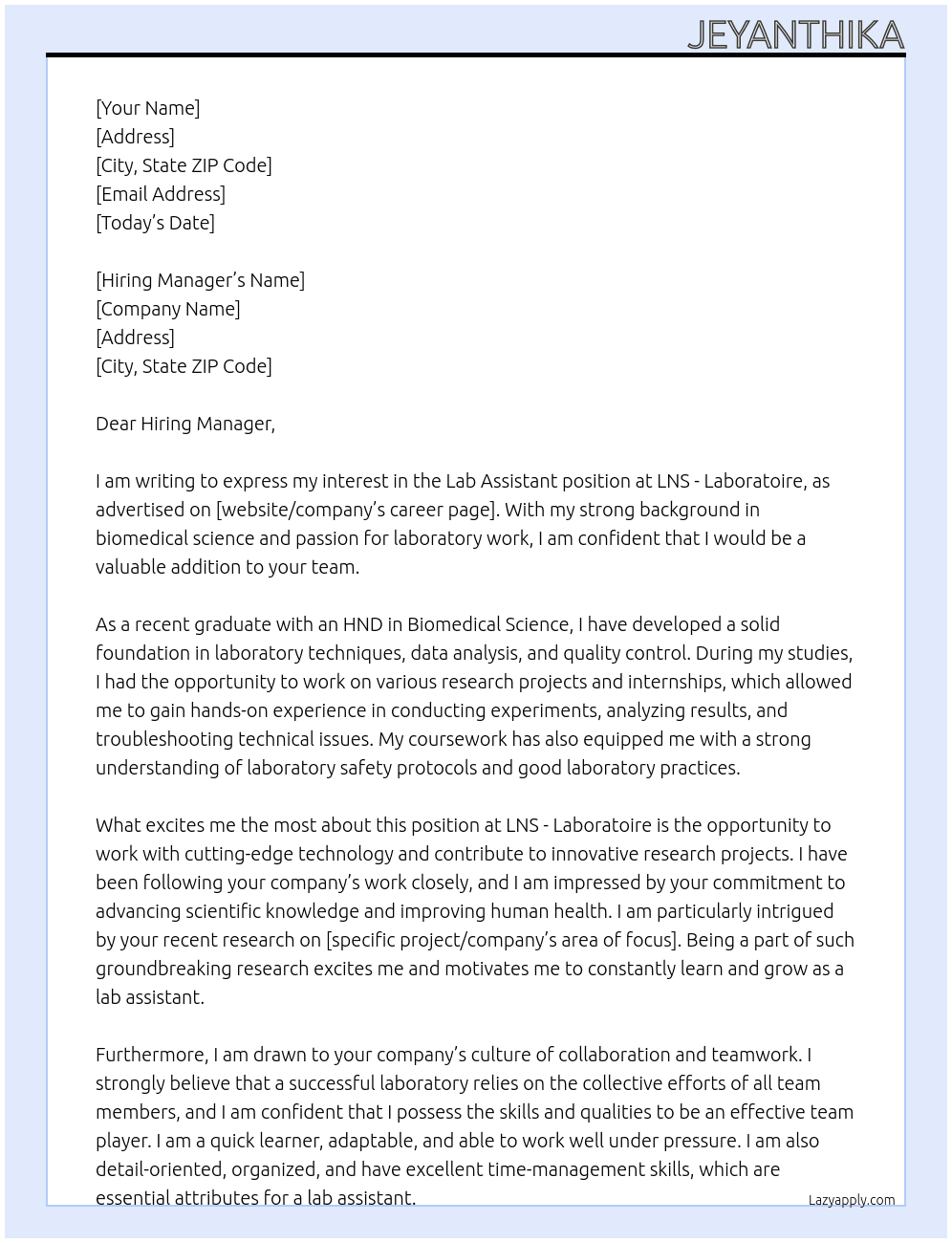 Lab Assistant At LNS - Laboratoire Cover Letter
