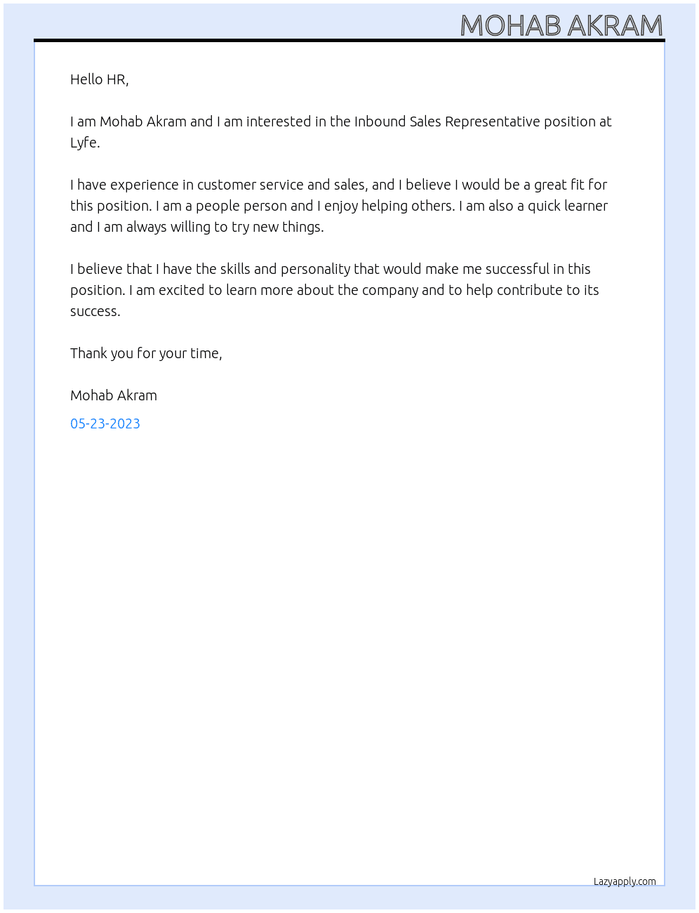 Inbound Sales Representative At Lyfe Cover Letter