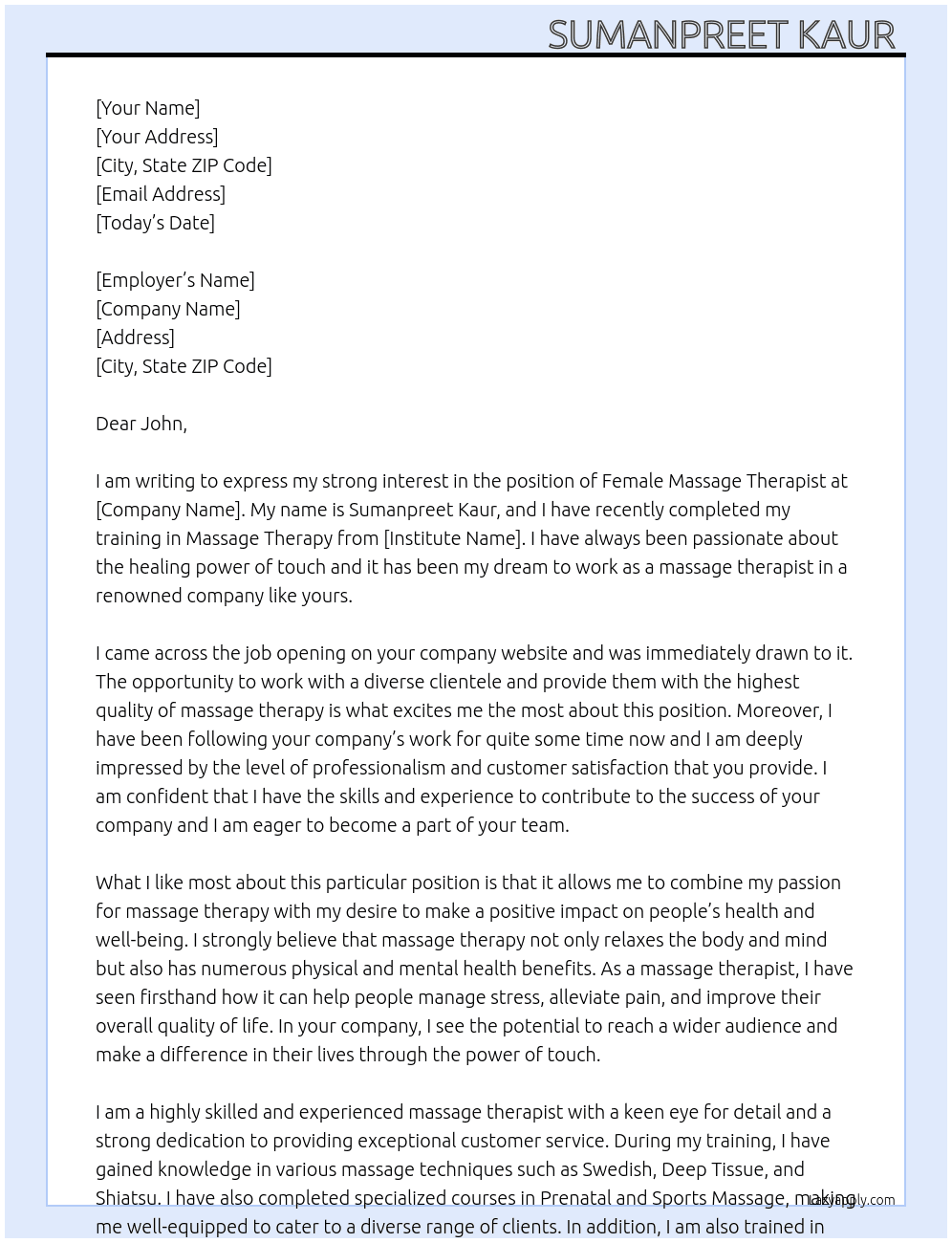 Female Massage Therapist At John Cover Letter