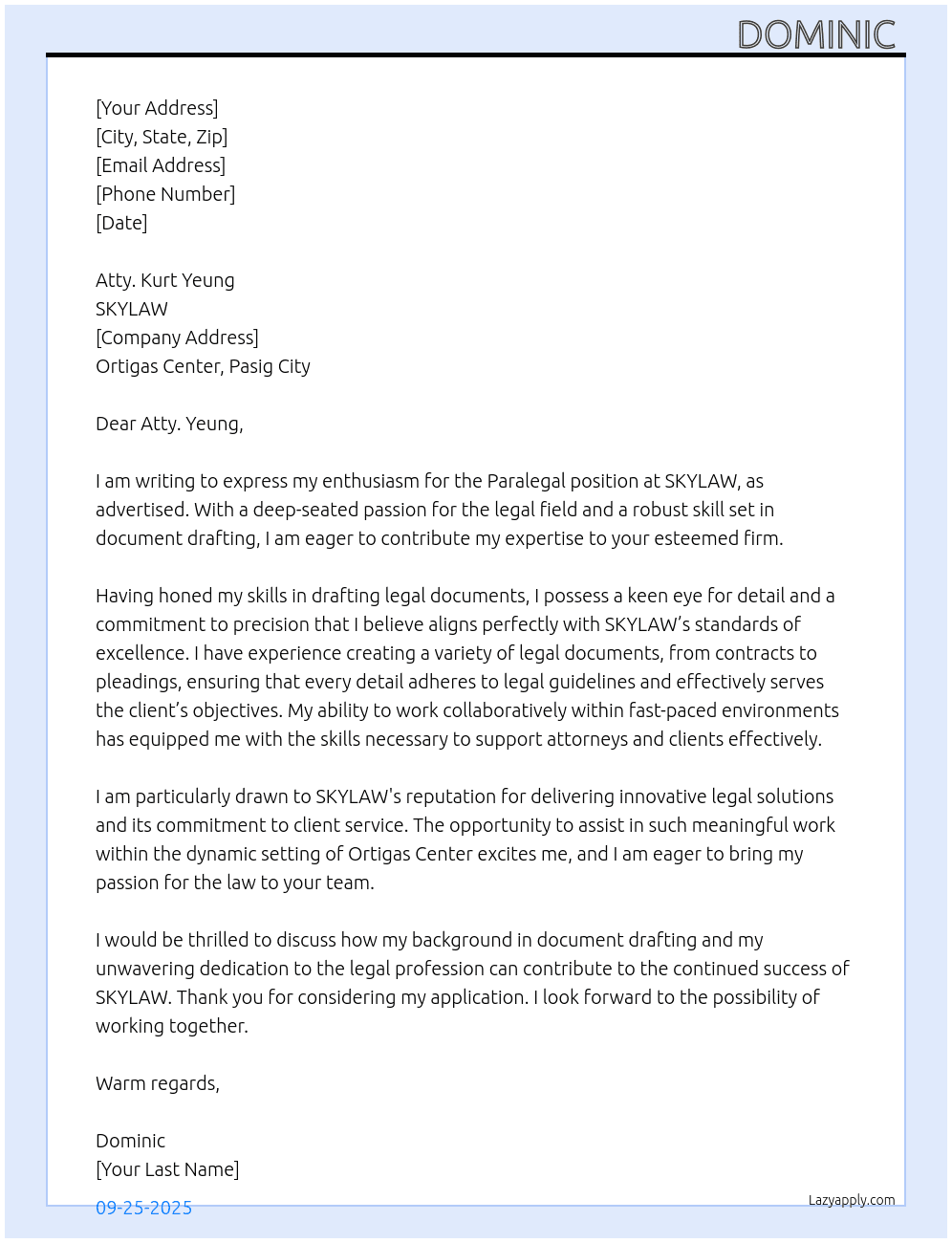 Paralegal At SKYLAW Cover Letter