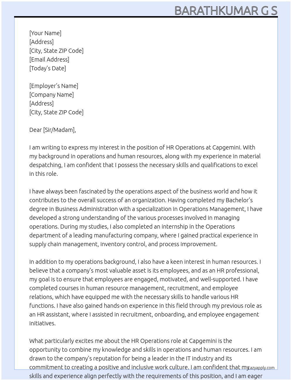 Hr operations At Capgemini  Cover Letter