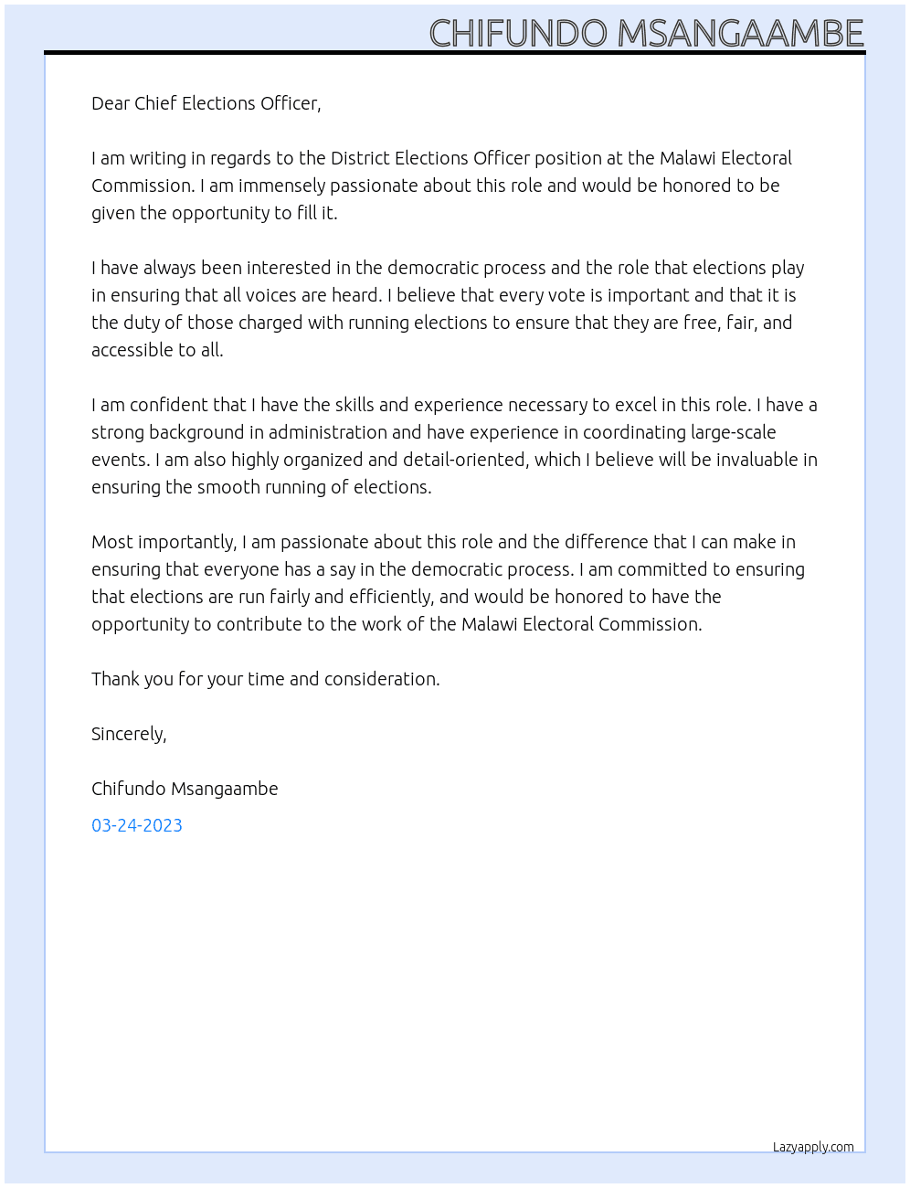 District Elections Officer At Malawi Electoral Commission Cover Letter