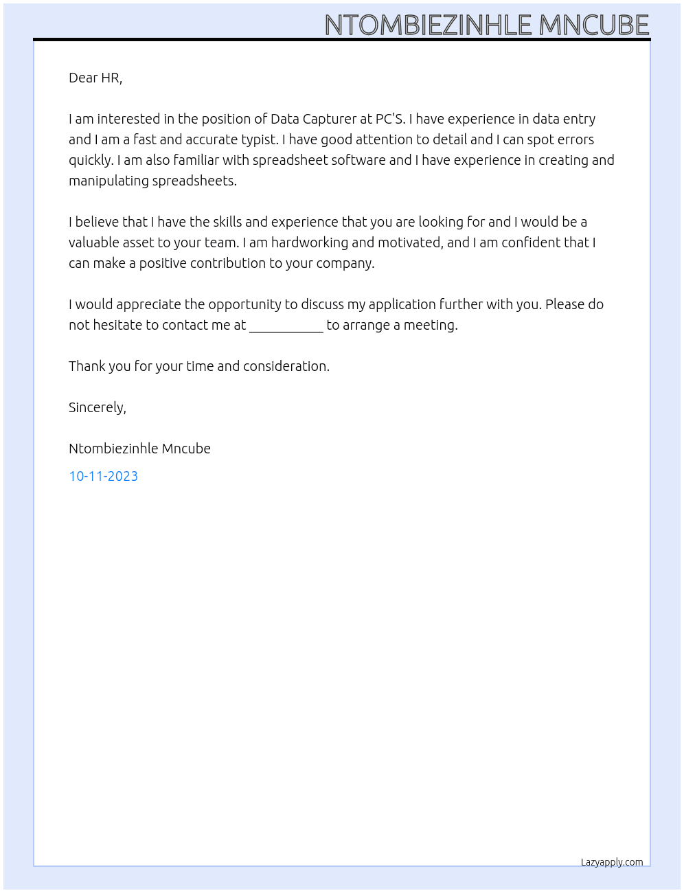 Data Capturer At PC'S Cover Letter