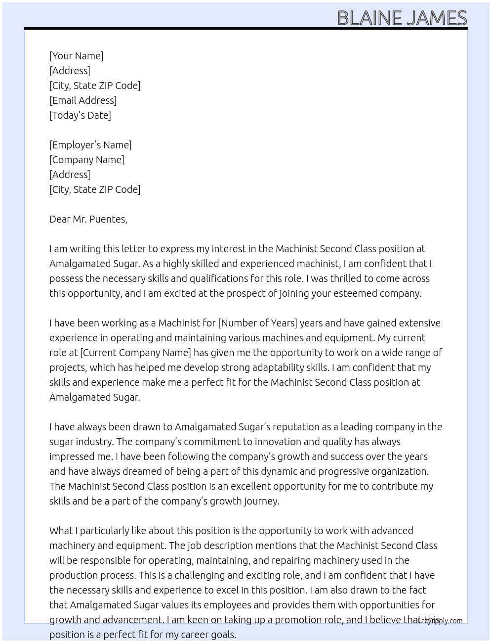 Machinist Second Class At Amalgamated Sugar  Cover Letter