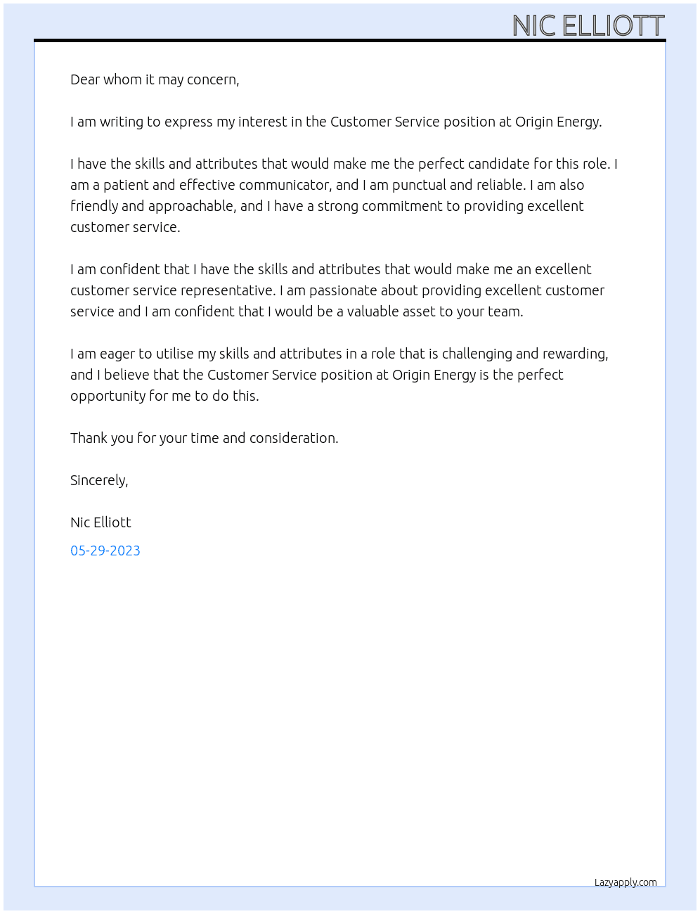 Customer Service At Origin Energy Cover Letter
