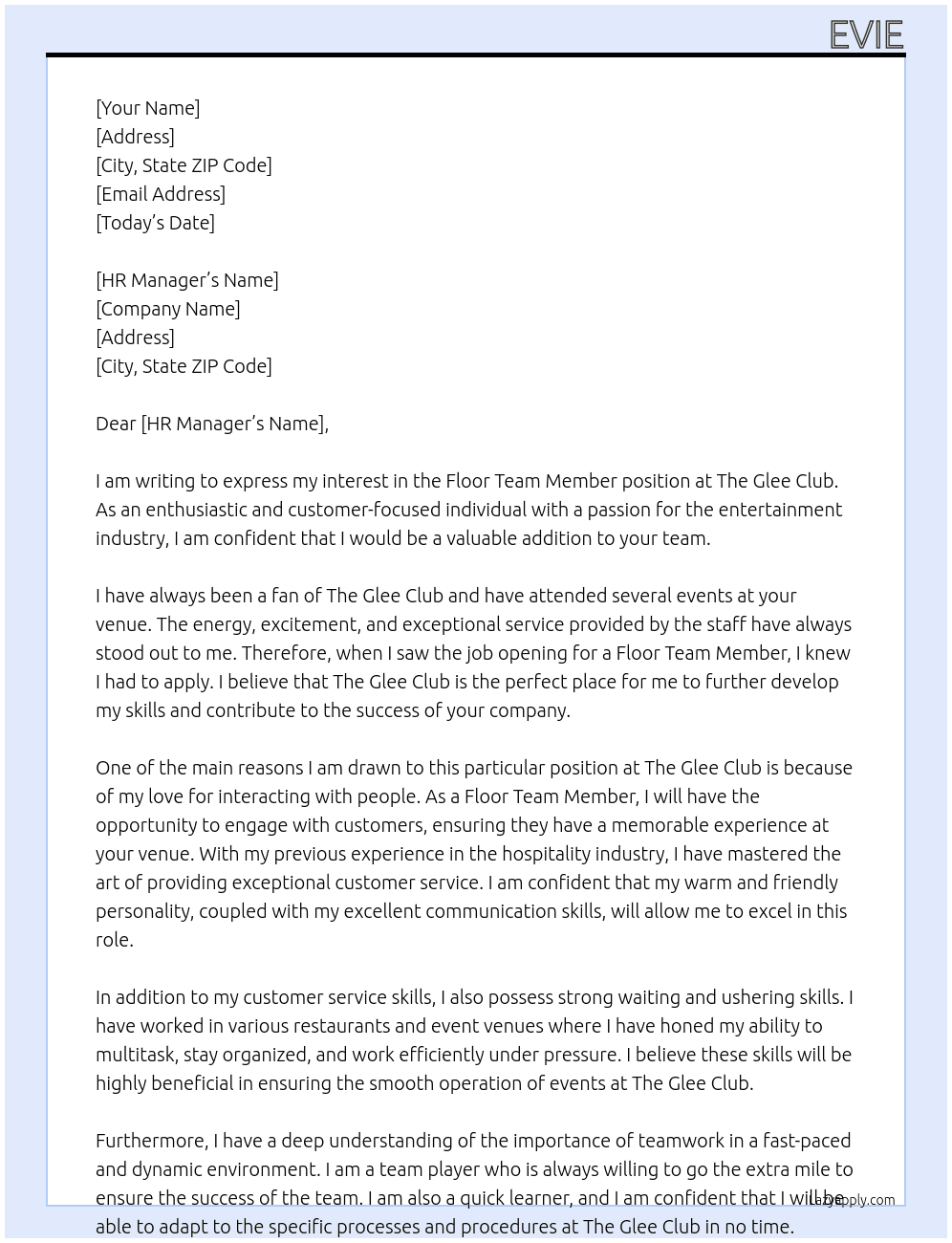 Floor team memebr At The Glee Club Cover Letter