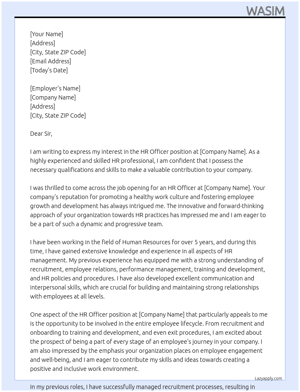 HR officer At non Cover Letter