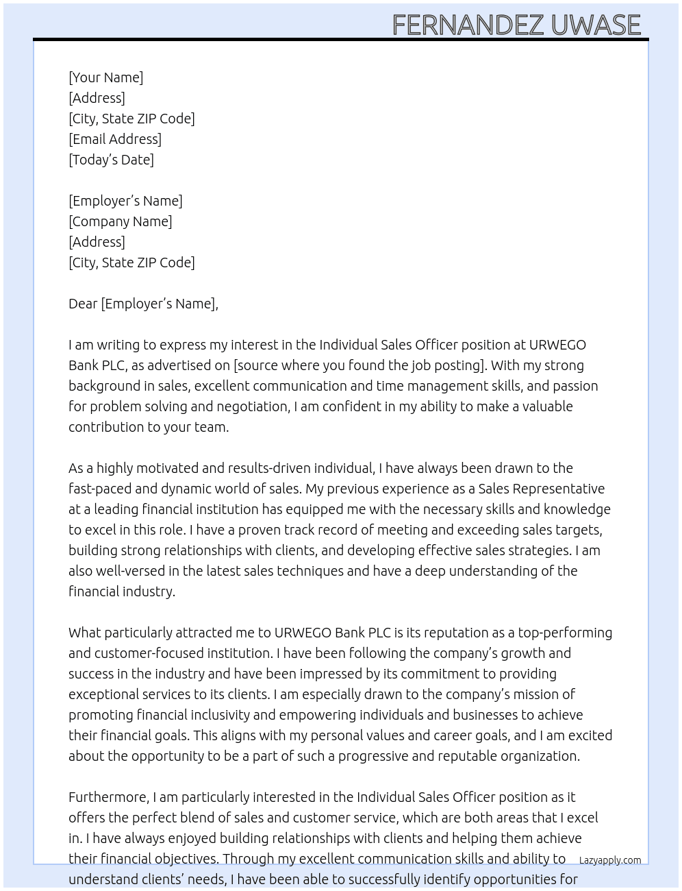 Individual sales officer  At URWEGO Bank PLC Cover Letter