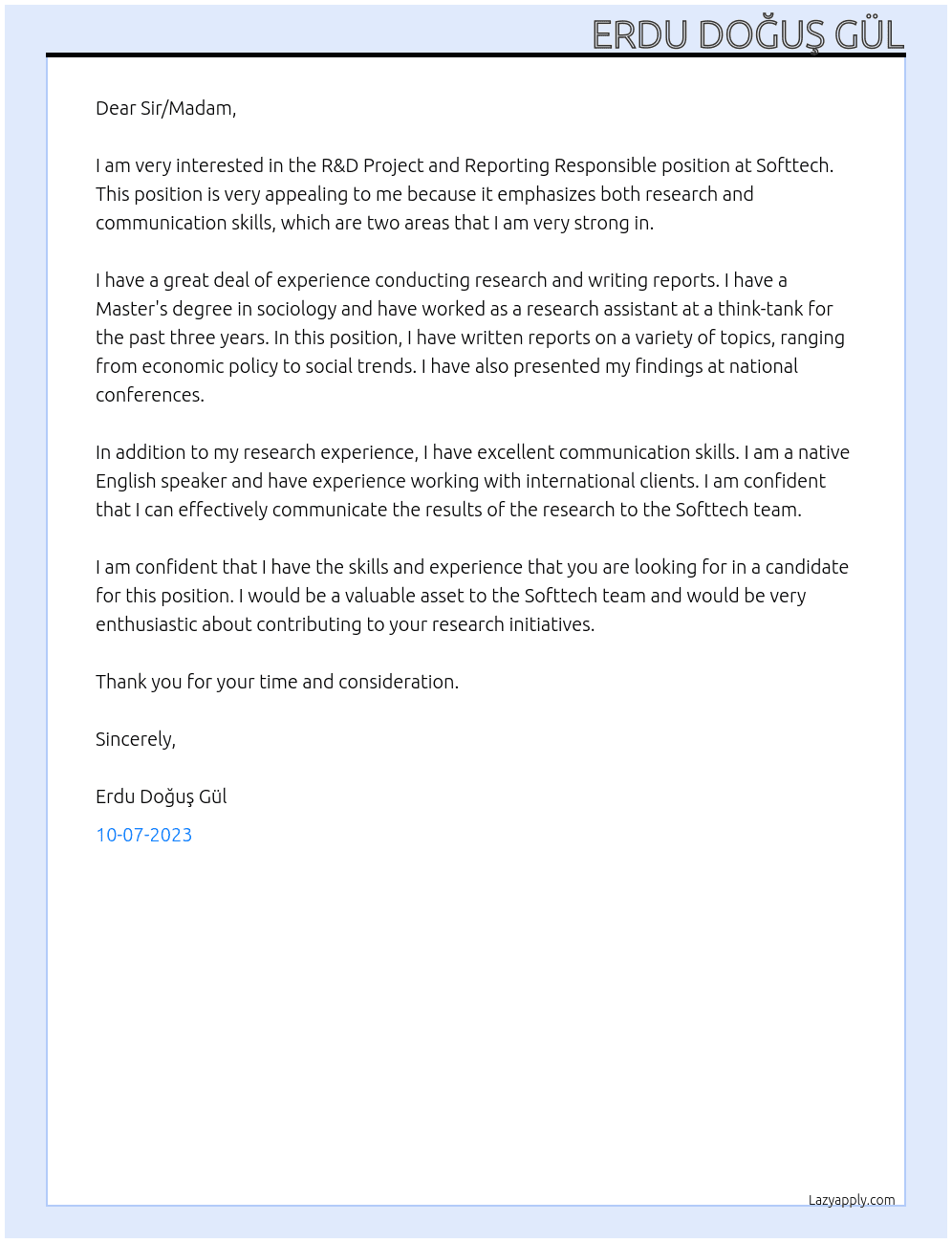 R&D Project and Reporting Responsible At Softtech Cover Letter