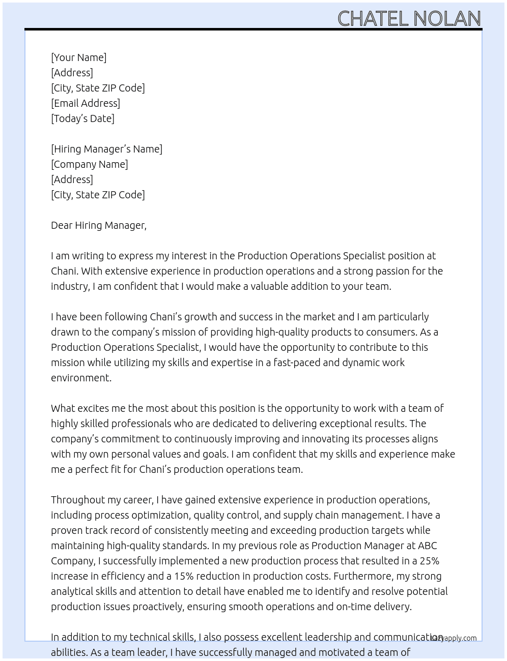 Production operations specialist  At Chani Cover Letter