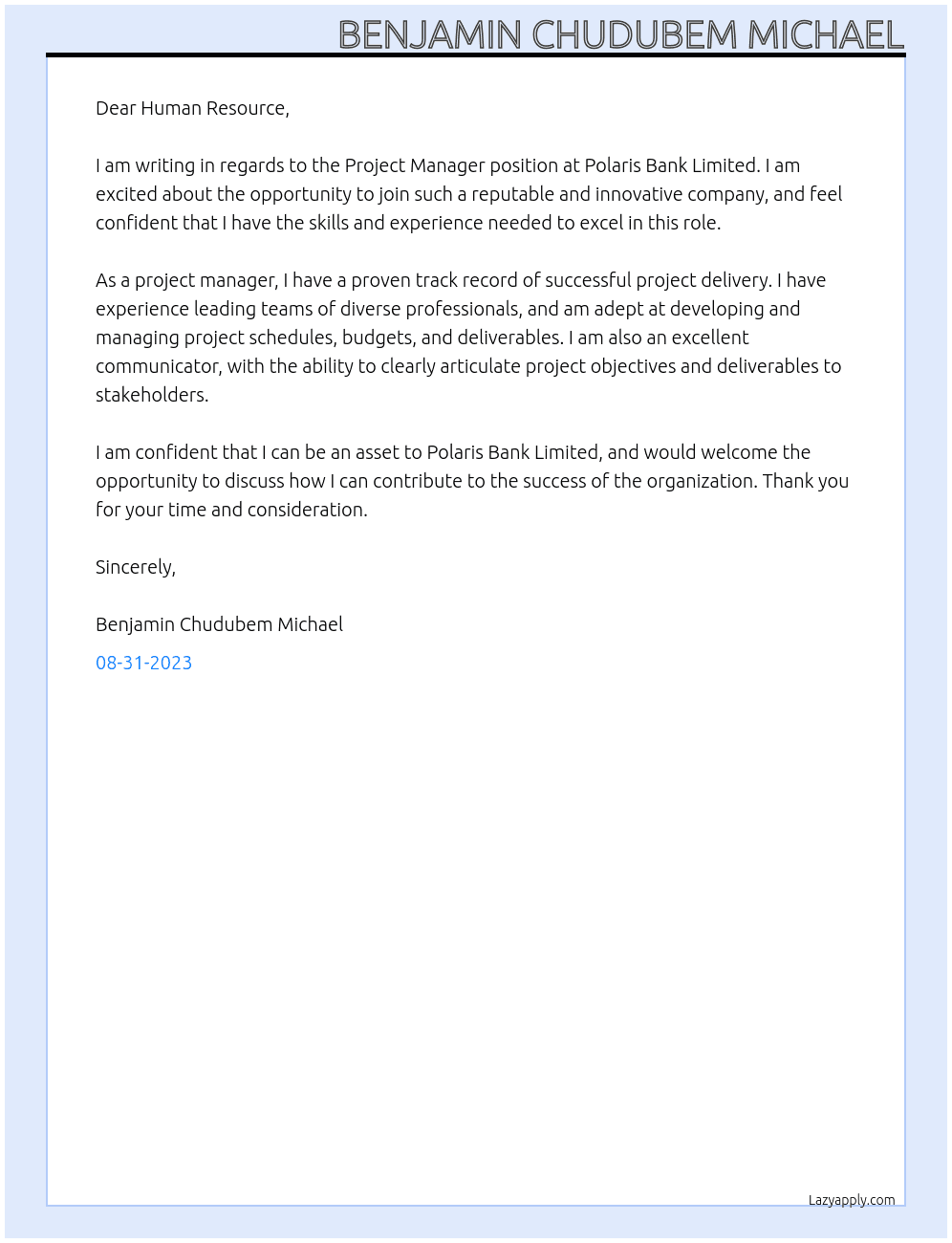 project manager At polaris bank Limited Cover Letter