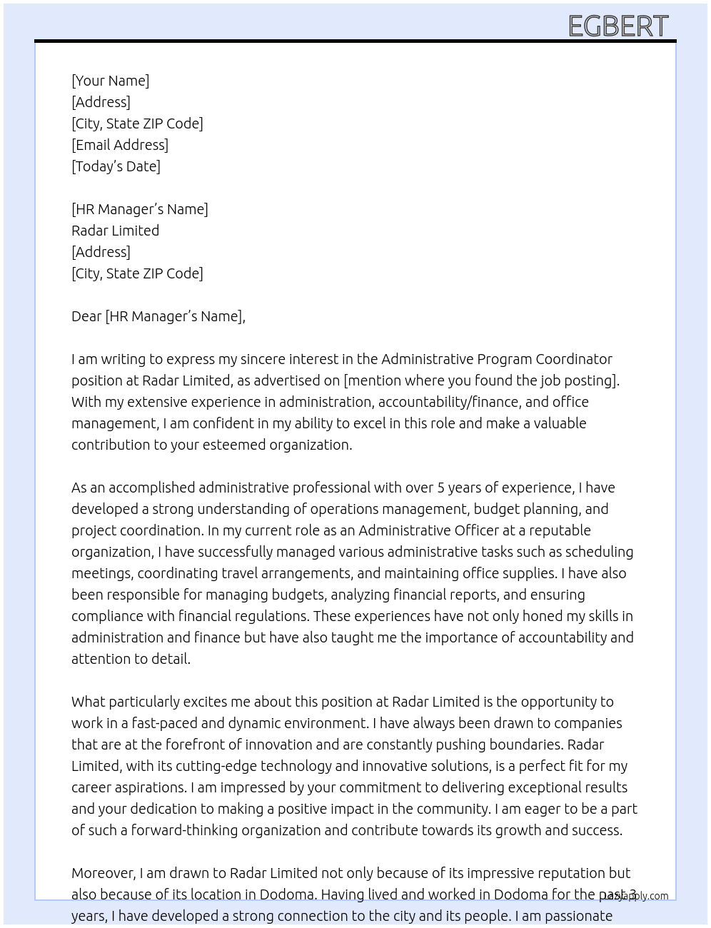 Administrative Program Coordinator At Radar Limited  Cover Letter