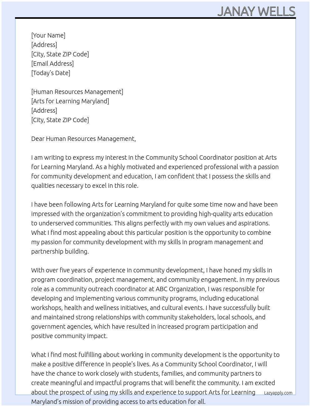 Community school coordinator  At Arts for learning Maryland  Cover Letter