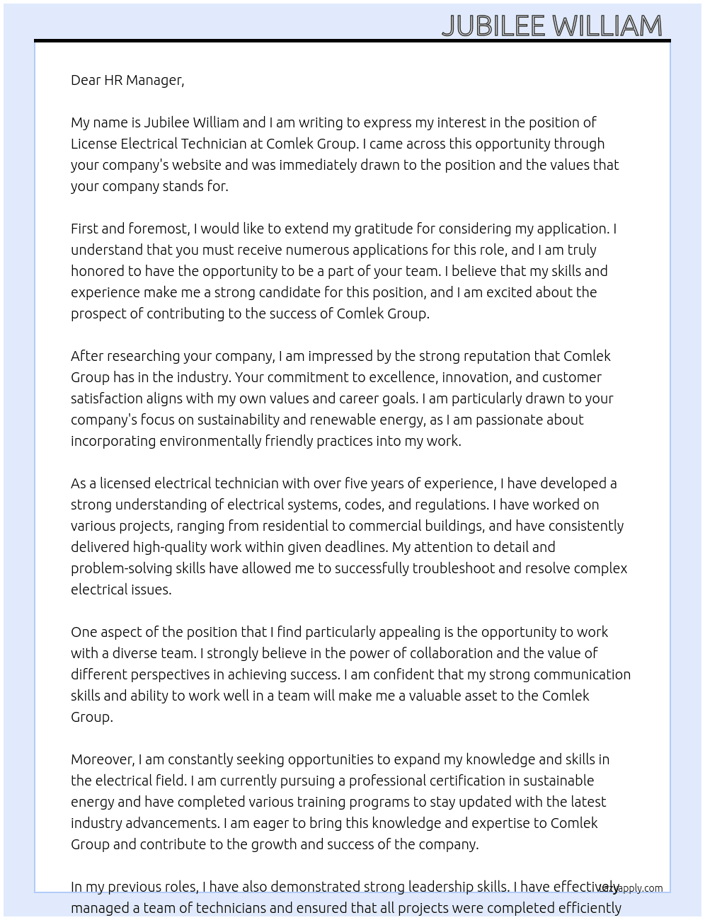 License Electrical Technician  At Comlek group  Cover Letter
