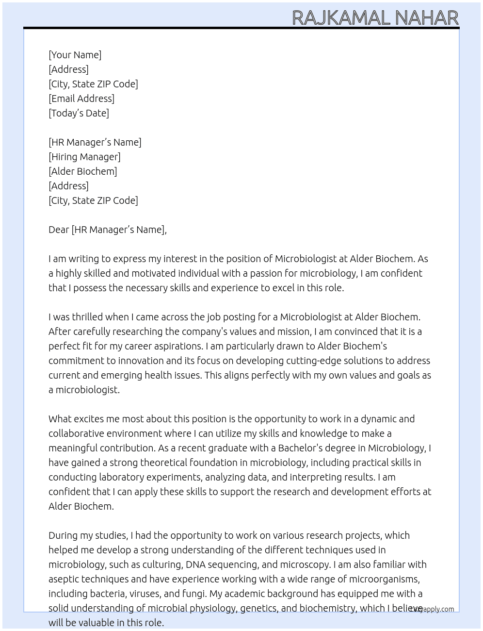 Micro biologist At alder biochem Cover Letter