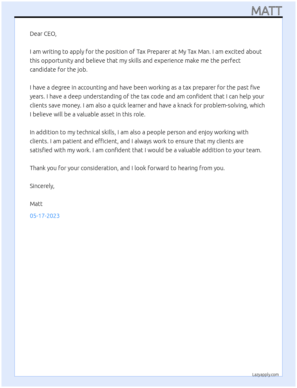 Tax Preparer At My Tax Man  Cover Letter
