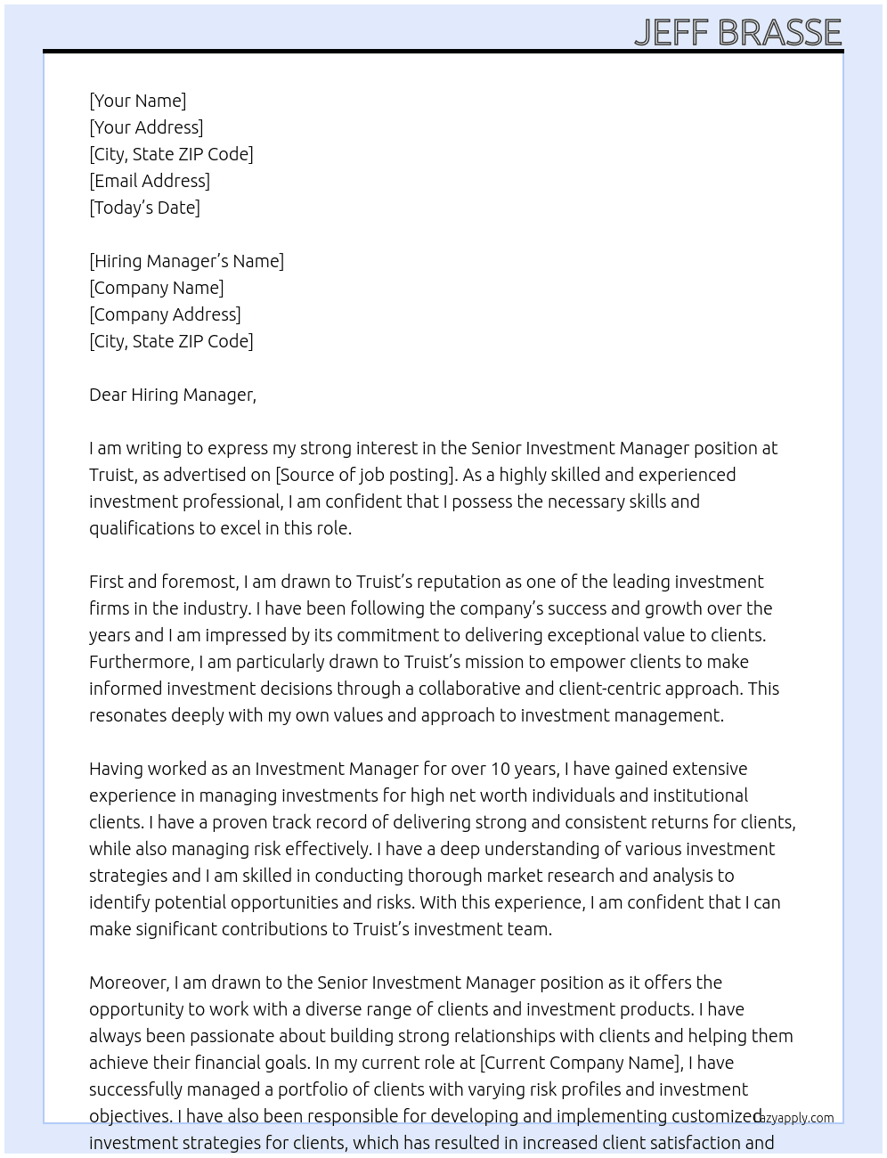 Senior Investment Manager At Truist Cover Letter