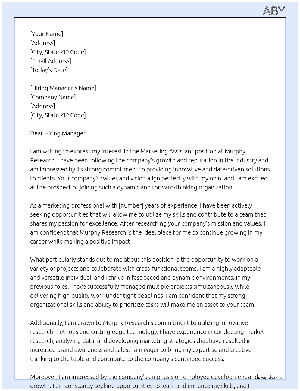 Marketing Assistant At Murphy Research Cover Letter