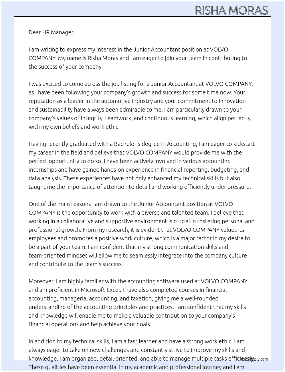 Junior accountant  At VOLVO COMPANY  Cover Letter