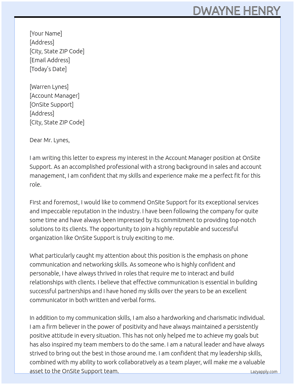 Account manager At OnSite Support Cover Letter